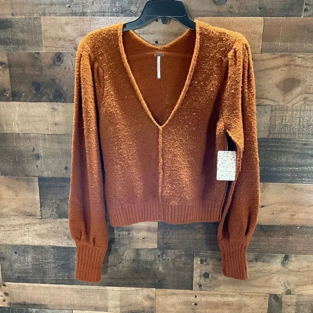 Free People Sweater Reverie Cropped V-Neck Burnt Butter Rust Brown Women XS - Picture 9 of 15